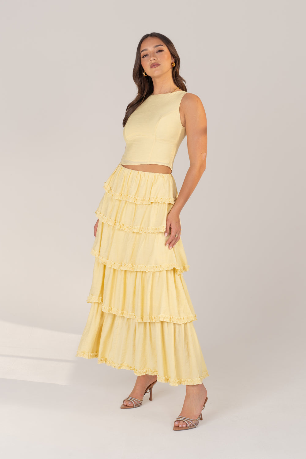 Yellow Ruffel Top Melody Two-Piece Set - Yellow Sleeveless Top & Layered Ruffle Skirt ...
