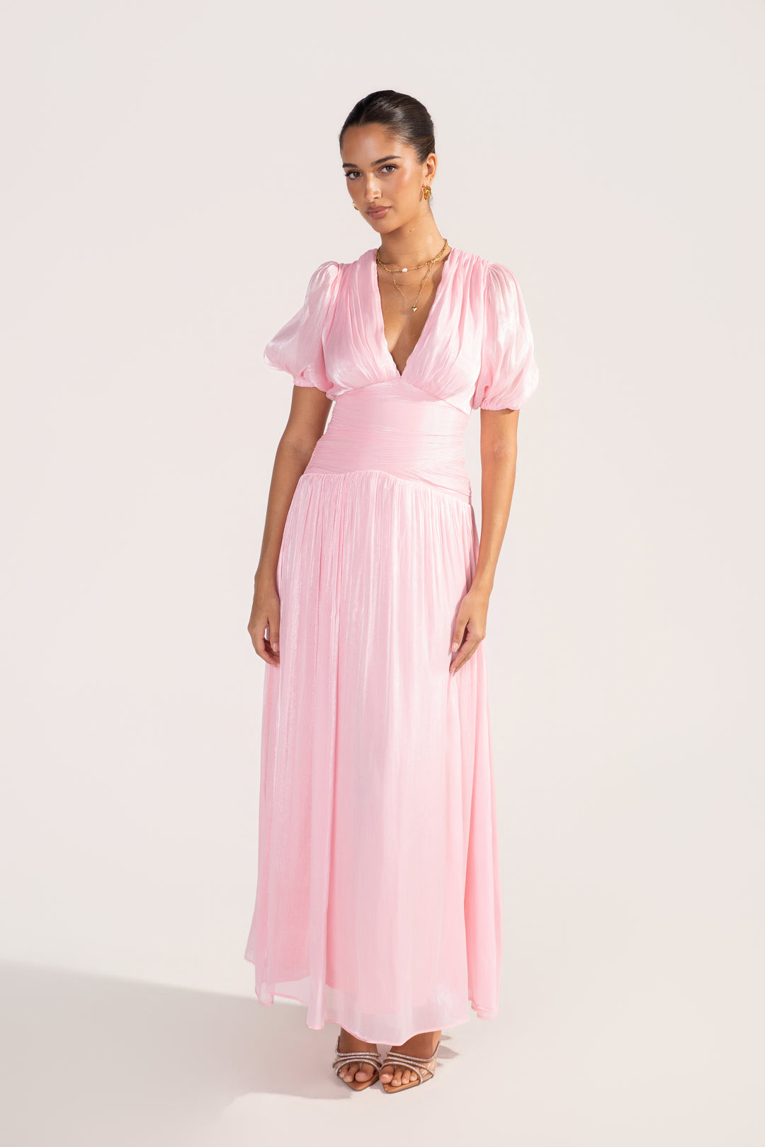 Selisse Pink Shimmer Puff Sleeve Maxi Dress