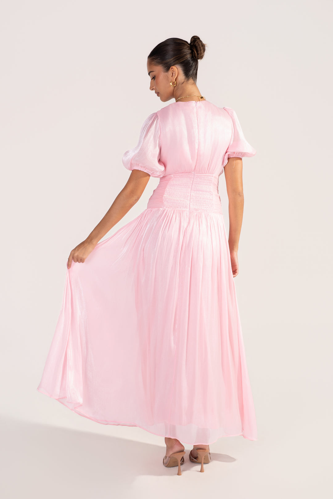Selisse Pink Shimmer Puff Sleeve Maxi Dress