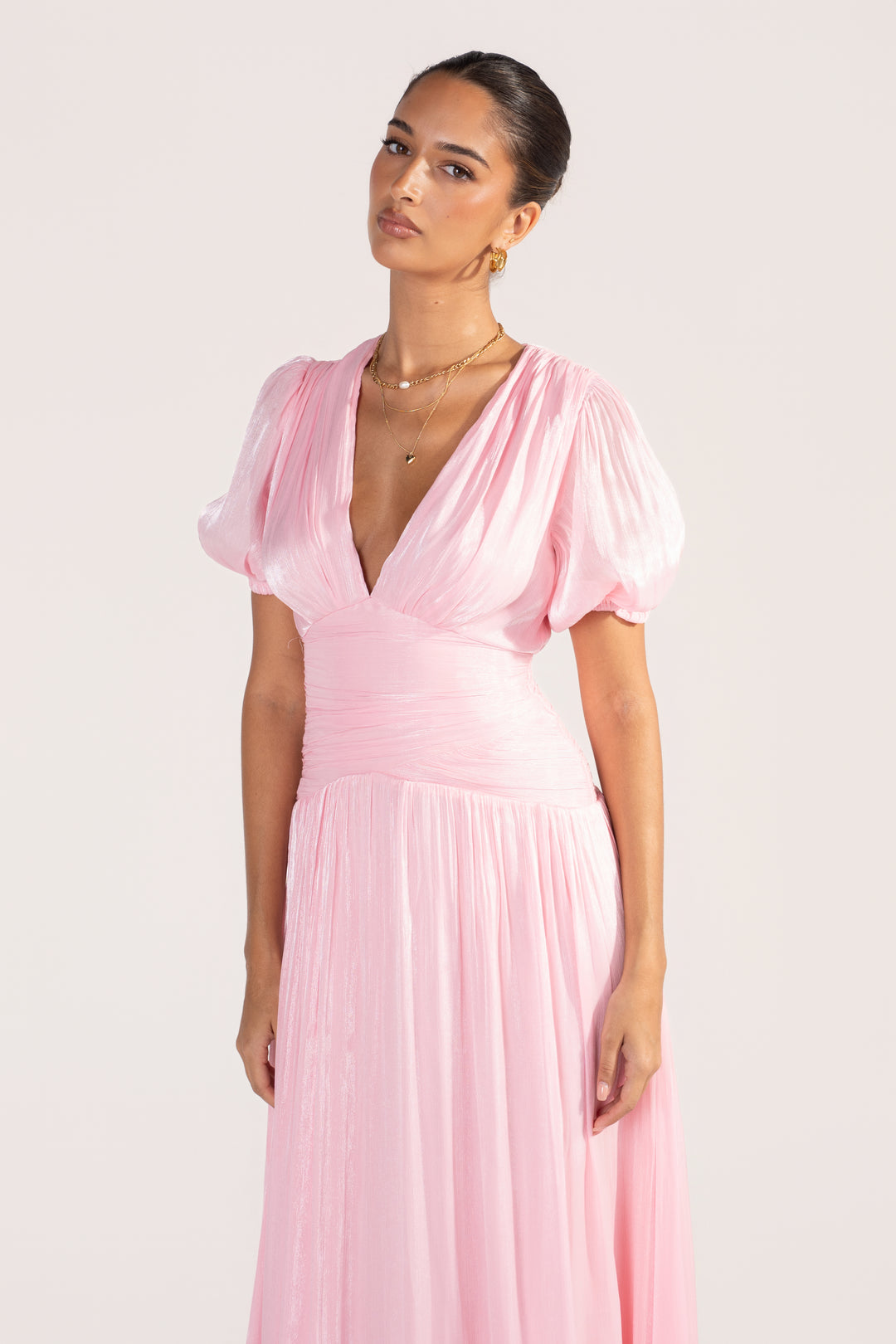 Selisse Pink Shimmer Puff Sleeve Maxi Dress